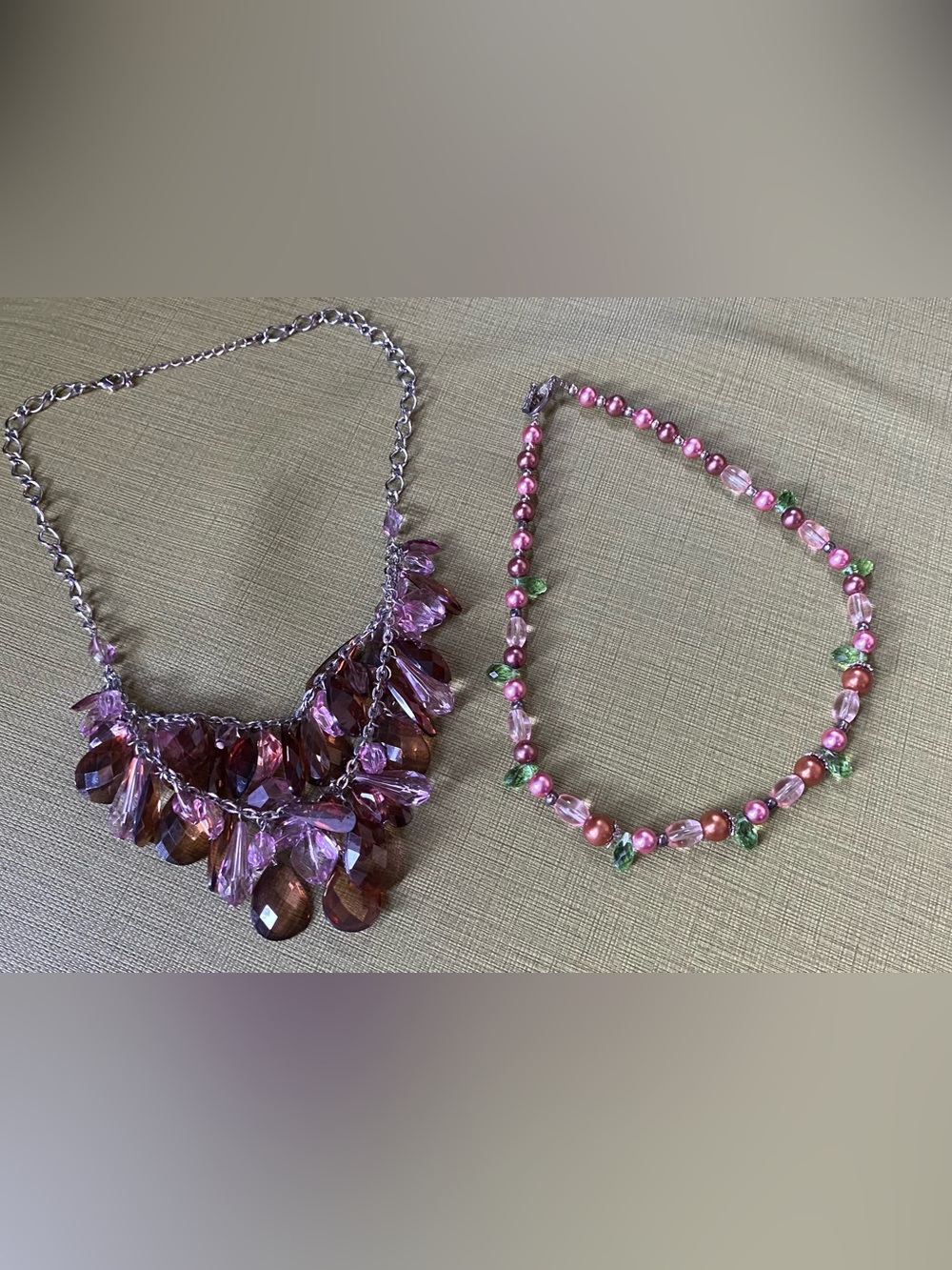 Purple Crystal Statement Necklace & Pink Beaded Necklace Set